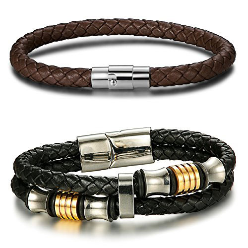 JOERICA Stainless Steel Leather Bracelets (Black/Brown)